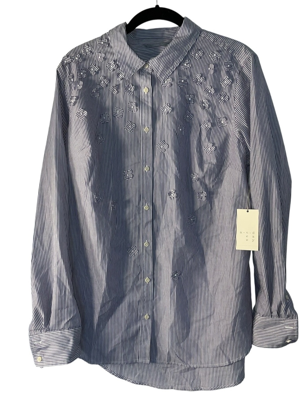 Ann Taylor Men's Blue and White Striped Dress Shirt with Embroidered Detail
